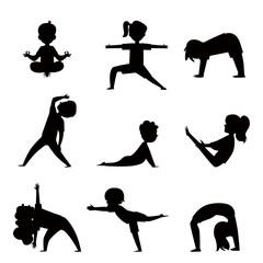 Cartoon kids silhouette set in various yoga poses - child exercise and fitness collection