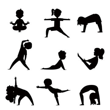 Cartoon Kids Silhouette Set In Various Yoga Poses - Child Exercise And Fitness Collection