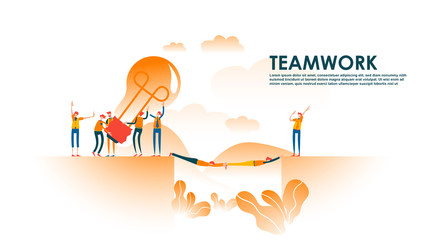 Vector creative illustration of business graphics teamwork,search for new ideas bring bulb across the bridge work together as a team. - Vector