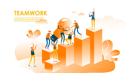 Vector flat illustration teamwork, people raised and search the new idea climb the ladder of success with isometric style, little people are lift light bulbs work together. - Vector