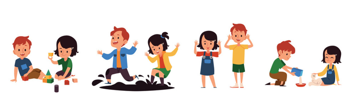 Good manners and bad kids behavior set of flat vector illustrations isolated.