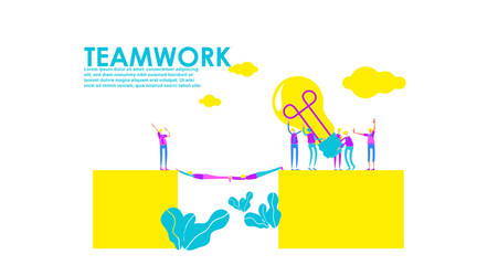 Vector creative illustration of business graphics teamwork,search for new ideas bring bulb across the bridge work together as a team. - Vector