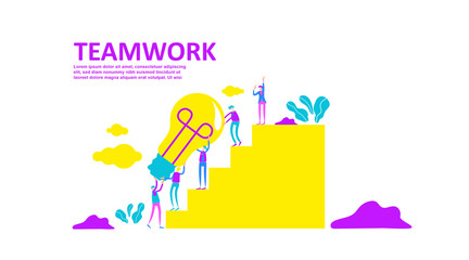 Business concept of vector illustration teamwork, little people raised and search the idea of business, climb the ladder of success, light bulb Symbol of idea, cooperation. - Vector