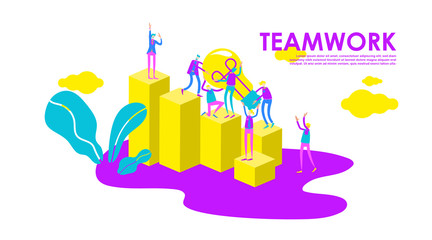 Vector flat illustration teamwork, people raised and search the new idea climb the ladder of success with isometric style, little people are lift light bulbs work together. - Vector