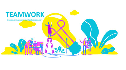 Vector creative illustration teamwork with light bulb, business meeting and brainstorming for company, searching for new solutions with technology work together. - Vector