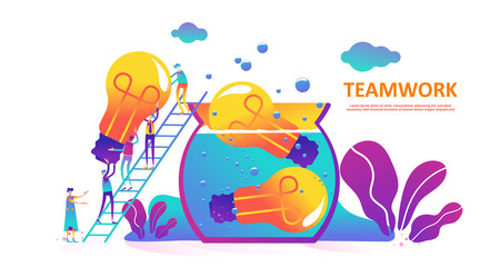 Vector creative illustration of business teamwork, little people seeks up the stairs to collect, gather, and search new ideas for company, team metaphor concept. - Vector