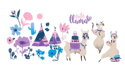 Cute cartoon llama set - funny alpaca dancing, traveling and drinking tea. - obrazy, fototapety, plakaty