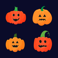 Vector set of various drawn pumpkins with carved faces isolated on dark background.