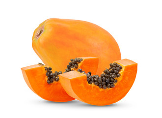 ripe papaya fruit with seeds isolated on white background.