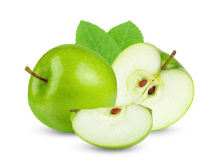 green apple with leaf isolated on white background