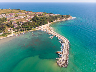 Aerial photo of the beautiful small town and seaside resort of Obzor in Bulgaria showing the...
