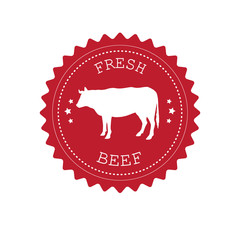 Vector flat red round retro beef logo with cow silhouette isolated on white background