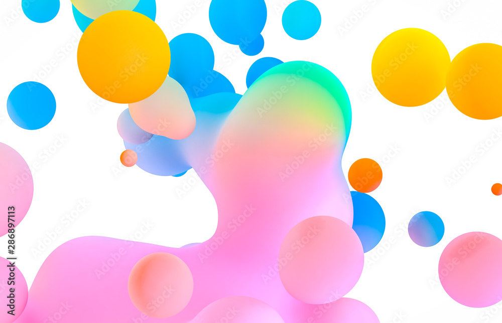 Fototapete abstract colorful 3d art background. holographic floating liquid blobs, soap bubbles, metaballs.