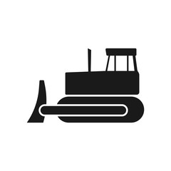 Bulldozer icon. Black silhouette. Vector drawing. Side view. Isolated object on a white background. Isolate.