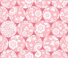 Floral white pattern, seamless, pink circles, pink background, flat, vector. Fabulous decor. Color, floral ornament. 