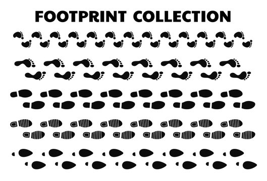 Footprint collection. The footprints of people in the manner of walking Detective travel concept.