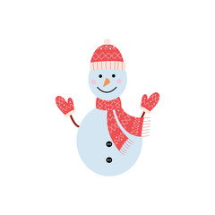 Cute funny Christmas and holiday snowman in hat, scarf and mittens smiling.