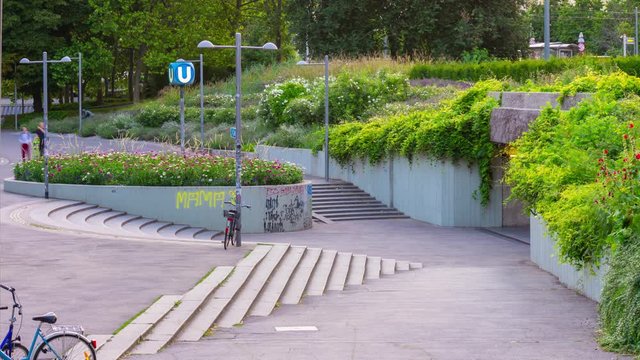 vienna city evening time crowded resselpark metro entrance panorama 4k timelapse austria