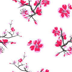 Seamless pattern with sakura cherry blossoms isolated.