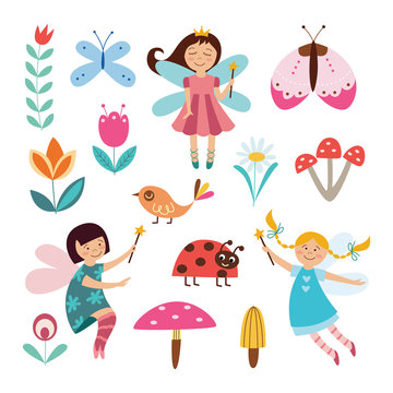 Set of cute little girls fairies with flowers and mushrooms, magic wands and butterflies.