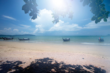 Ao Nang Beach with traditional longtail boats, Krabi, Thailand.