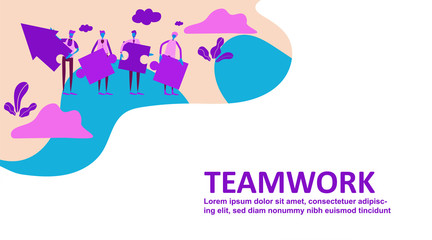 Vector creative illustration of business graphics teamwork. Flat people characters working together and holding graph arrow on the way to success. Finance success, cooperation,collaboration. - Vector