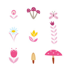 Set of cute fantasy forest and garden plants, flowers and mushrooms.
