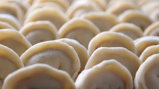 Homemade meat dumplings, closeup. Russian traditional meal. Rotate