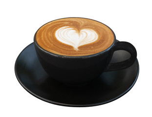 Hot coffee cappuccino latte art heart shape foam in black cup isolated on white background, path