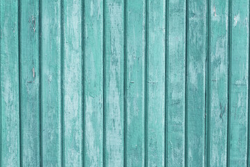Fototapeta na wymiar Turquoise painted wooden fence with vertical planks. Soft green paint wood background. Shabby, weathered timber in vintage style. Old light texture. Abstract pattern.