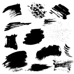 Set of black paint, ink splatters, grunge texture, brush strokes, brushes, blots, drops, splashes. Vector collection dirty artistic design elements, paintbrush, grunge silhouette