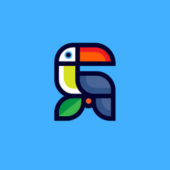 Toucan logo. Tropical bird and leaf. Toucan icon on blue background. Flat illustration. © Nataly