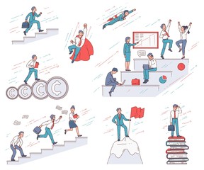 Career growth and business success illustration set. Successful businessman at work