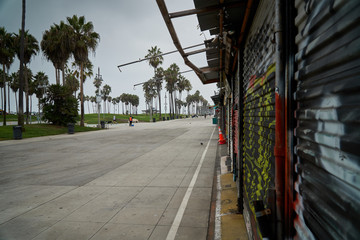 Empty boardwalk of Venice Beach early in the Morning