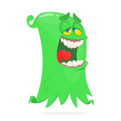 Happy cartoon flying monster. Vector illustration of funny ghost character. Halloween design