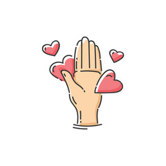 Obraz premium Hand and hearts logo for charity and donation sketch vector illustration isolated.