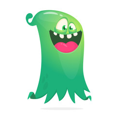 Happy cartoon flying monster. Vector illustration of funny ghost character. Halloween design