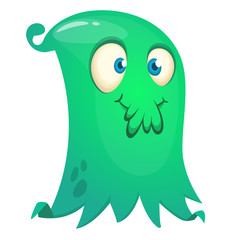 Happy cartoon flying monster. Vector illustration of funny ghost character. Halloween design
