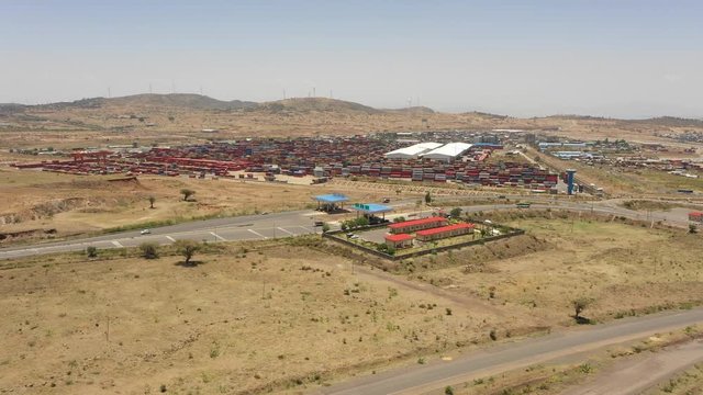Aerial view of toll booth of new highway and container terminal of Mojo dry port in Ethiopia