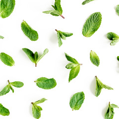 Texture, pattern мint leaves isolated on white background. Set of peppermint. Mint Pattern. Flat lay. Top view.
