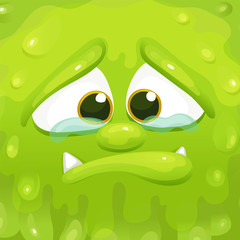Sad green monster inside a cube frame, squishy slime alien crying holding back tears.