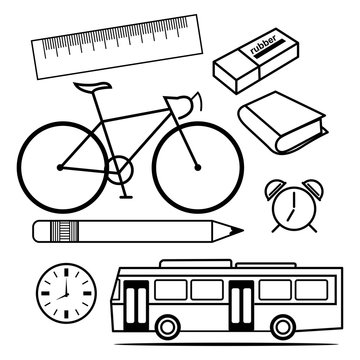 line art back to school icons set ,pencil,rubber,book,bus,clock,ruler,bicycle,vector illustration