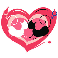 A Valentine's card in the form of a heart with an image of cats instead of people, expressing various emotions and actions (a man and a woman)