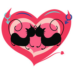 A Valentine's card in the form of a heart with an image of cats instead of people, expressing various emotions and actions (a man and a woman)