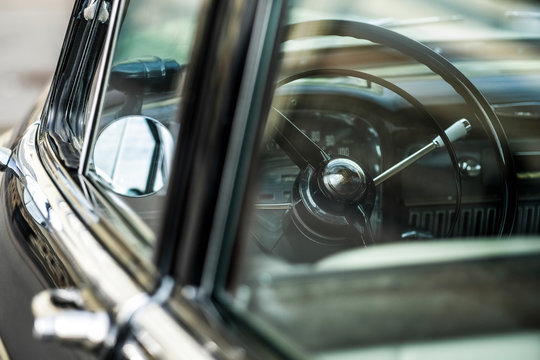 Moscow, Russia - August, 14, 2019: retro car on a parking in Moscow, Russia, close up image
