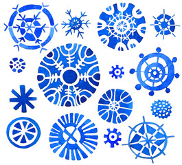 Stylish snowflakes doodle, watercolor illustration pattern and set.