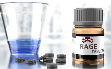 Rage as harmful, negative and damaging aspect of life, unhealthy poison to the soul that affects people mind and body, harms mental health, symbolized as a bad medicine, 3d illustration