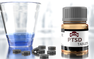 Ptsd as harmful, negative and damaging aspect of life, unhealthy poison to the soul that affects people mind and body, harms mental health, symbolized as a bad medicine, 3d illustration