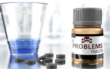Problems as harmful, negative and damaging aspect of life, unhealthy poison to the soul that affects people mind and body, harms mental health, symbolized as a bad medicine, 3d illustration