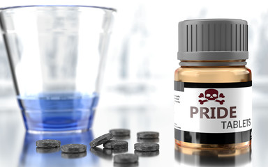 Pride as harmful, negative and damaging aspect of life, unhealthy poison to the soul that affects people mind and body, harms mental health, symbolized as a bad medicine, 3d illustration